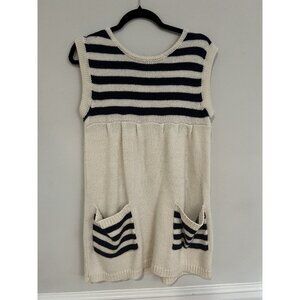 Sleeveless Sweater Dress Size Medium Knit Tunic Wool Blend White And Blue Stripe